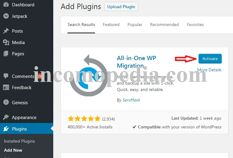 installing and activating all in one wp migration plugin